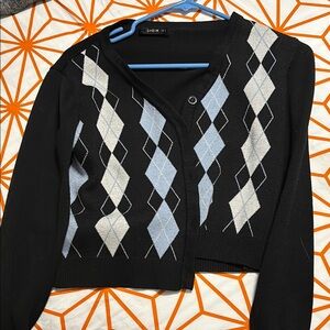 SHEIN Black and Cream Argyle Cardigan